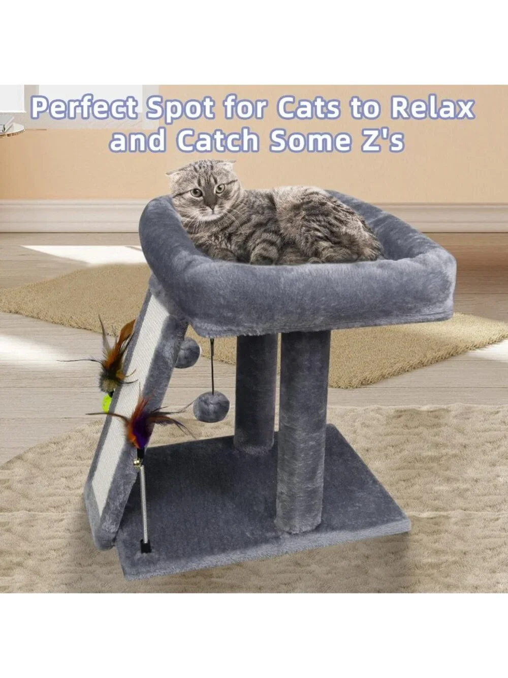 New Cat Tree Tower with Scratching Post Activity Center with Toy Balls - Grey